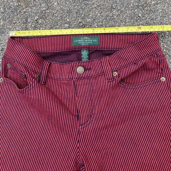 Ralph Lauren LRL, Red & Navy Pinstripe Pants Modern Straight Leg Denim 2P Petite - Picture 7 of 12